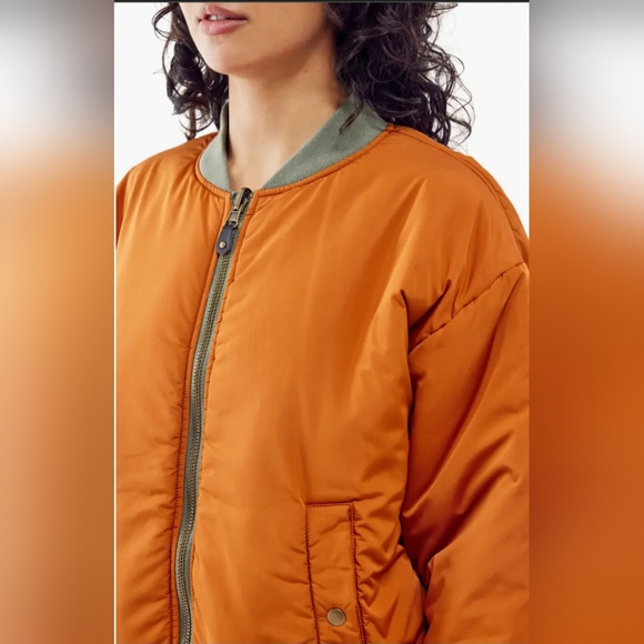NWT BDG Urban Outfitters Oversized Reversible Bomber Jacket ~ Khaki/Orange~ SML - Picture 5 of 6